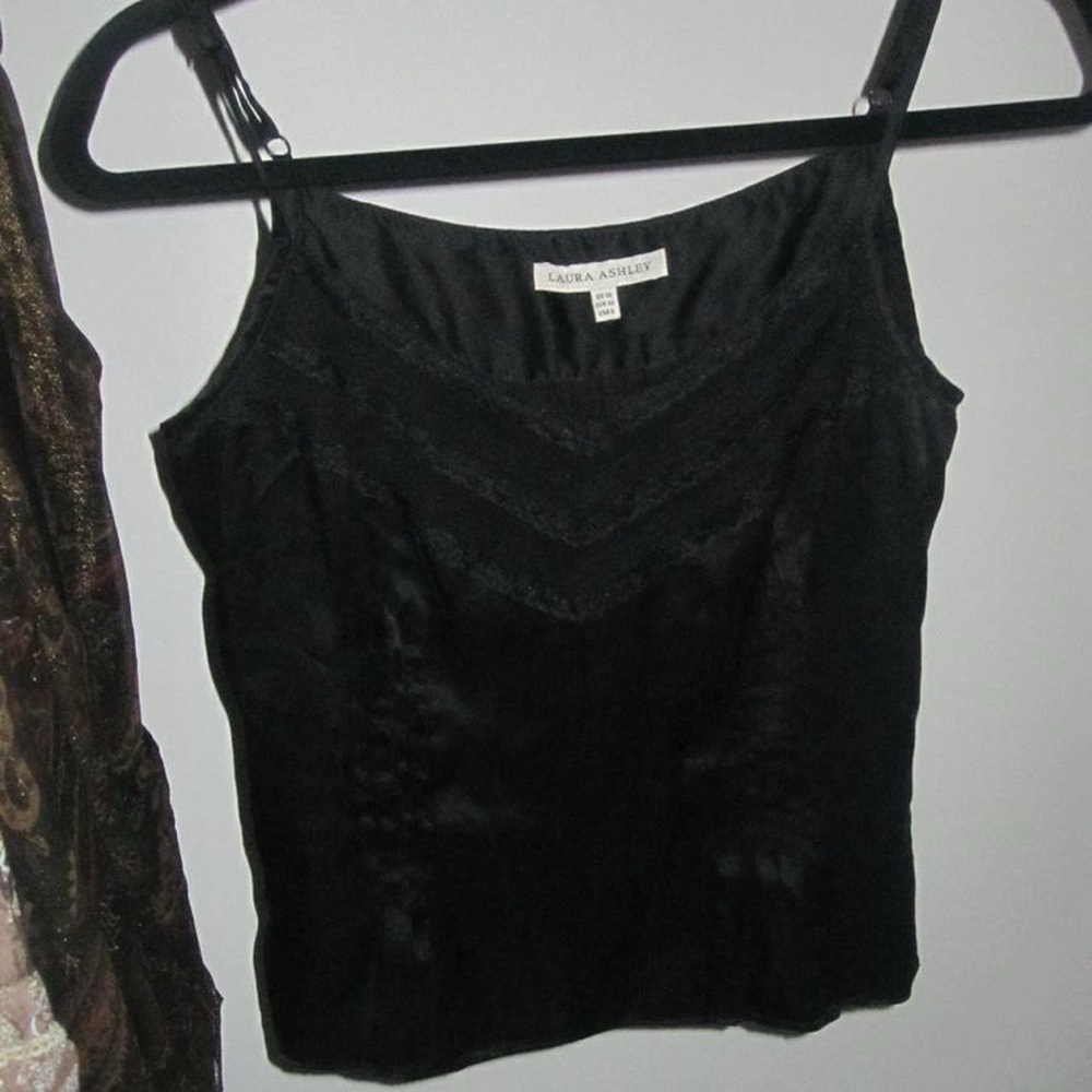 100% silk vintage lace trim Laura Ashley Black silk Lace-Trim Camisole